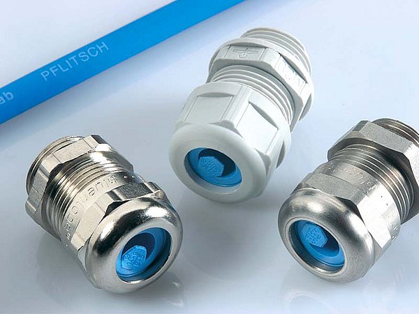 Three blueglobe cable glands in brass, stainless steel and plastic